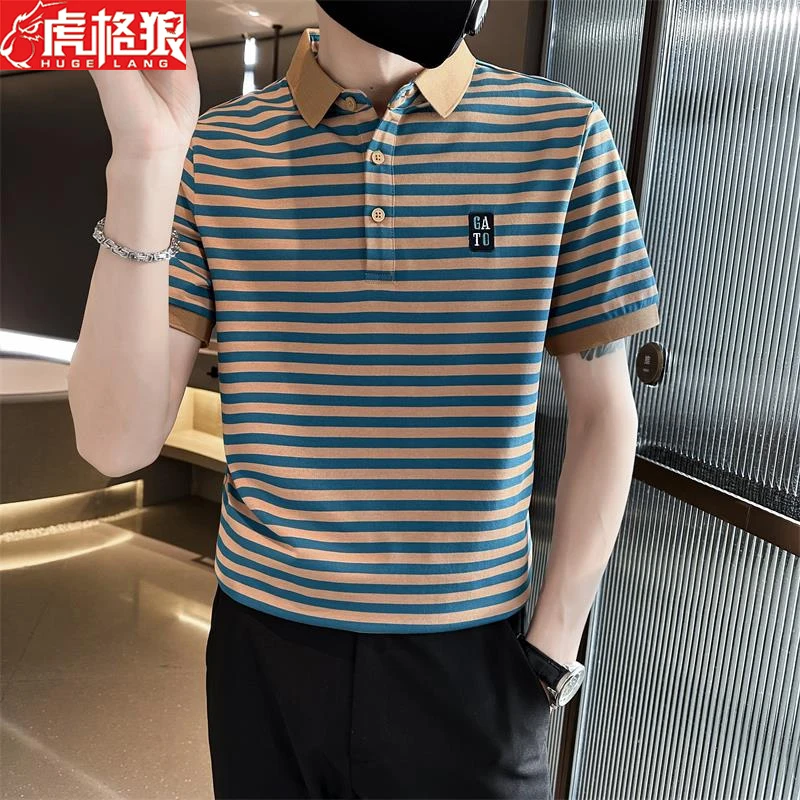 条纹polo衫男士撞色夏季半截袖衣服翻领上衣痞帅短袖T恤半袖百搭