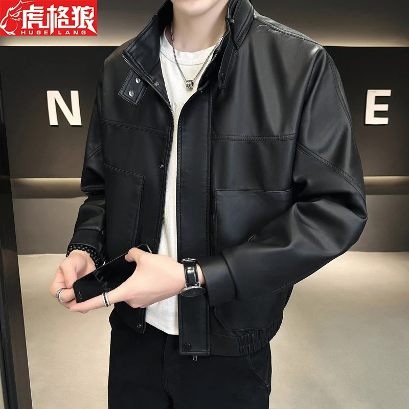 2024爆款秋冬外套皮夹克男款立领棕色皮夹克美式复古高级感皮衣男