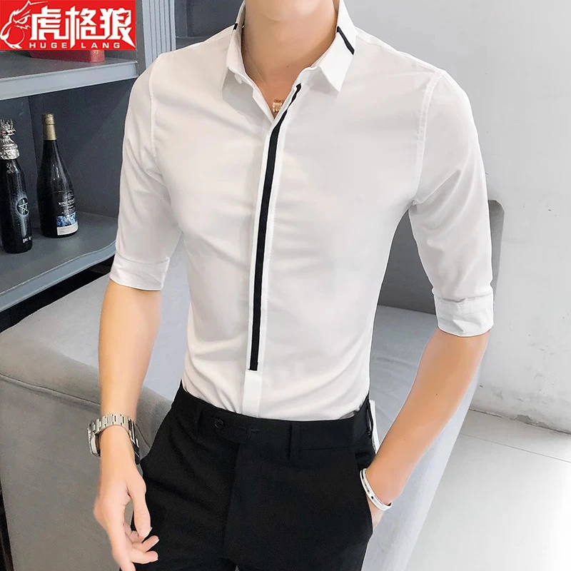 高级感衬衫男2023爆款男装上衣夏季修身五分袖寸衫痞帅短袖衬衣潮