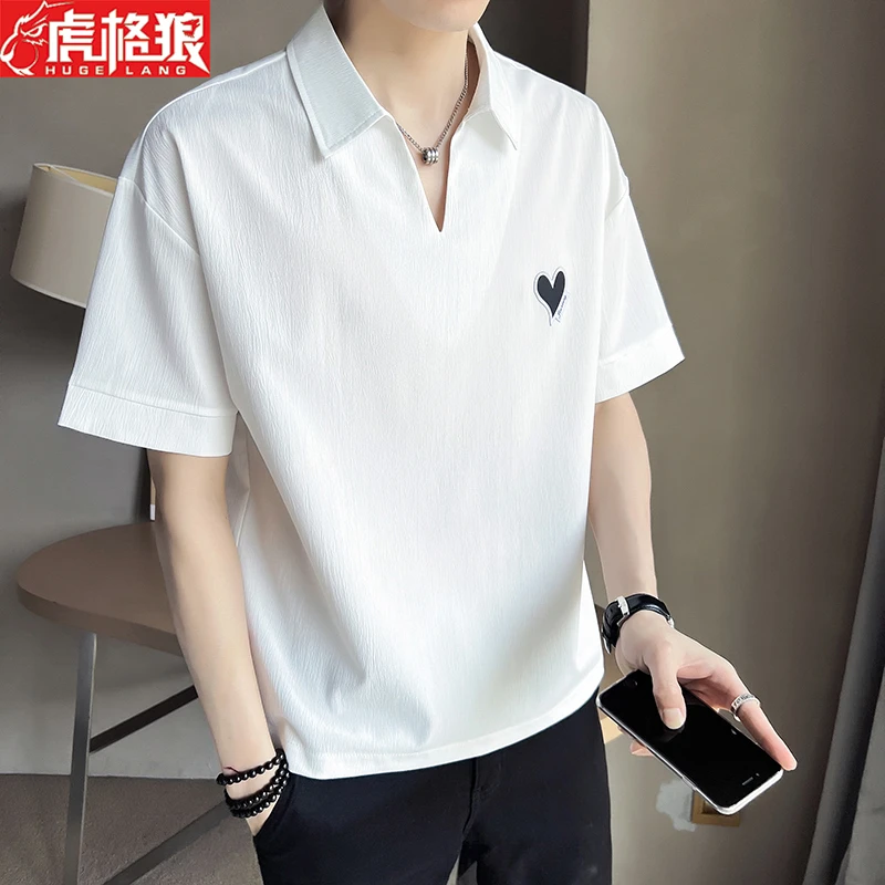 冰丝T恤男V领短袖夏季男士翻领POLO衫ins潮牌半袖2022新款半截袖t