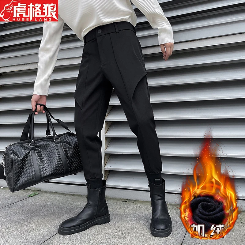 2024秋冬季西装裤搭配马丁靴的厚裤子加绒休闲裤小脚个性束脚裤男