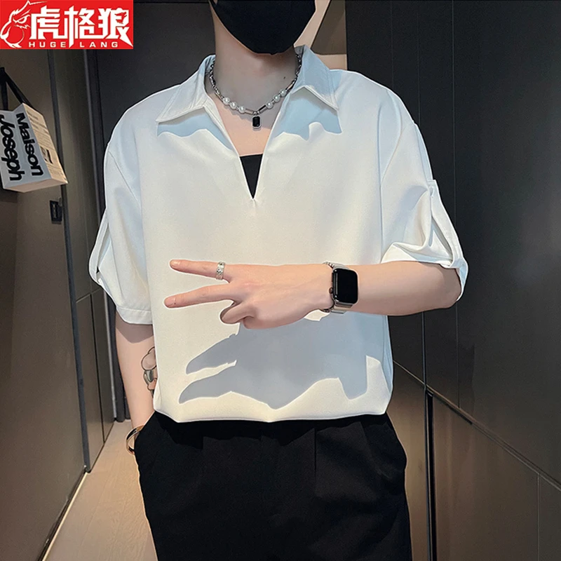 v领T恤夏季潮牌冰丝短袖2023高级感宽松痞帅假两件翻领半袖高级感