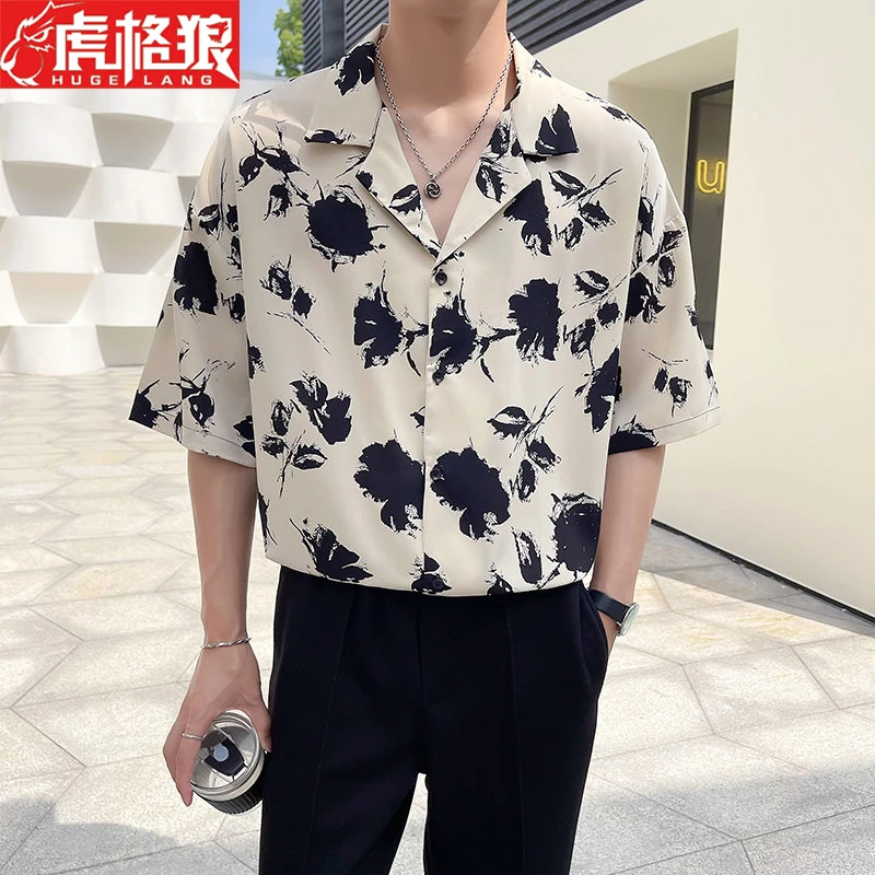 轻熟风高级感男士冰丝垂坠感短袖衬衫男夏天潮牌宽松古巴领花衬衣
