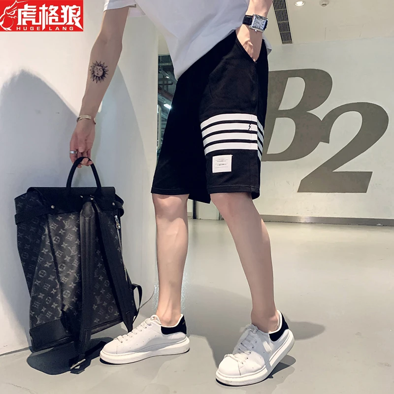 条纹五分短裤男士夏季装直筒休闲运动跑步裤衩潮牌卫裤中裤子外穿