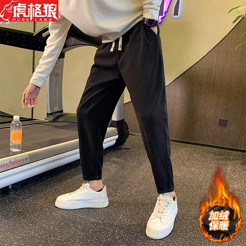 直筒裤子秋冬男士纯色呢子休闲裤帅气百搭呢裤子加绒哈伦裤小脚裤