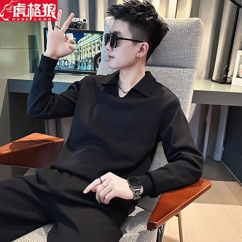 男装上衣男士卫衣2025新款爆款秋冬外套高级感V领长袖T恤加绒高档