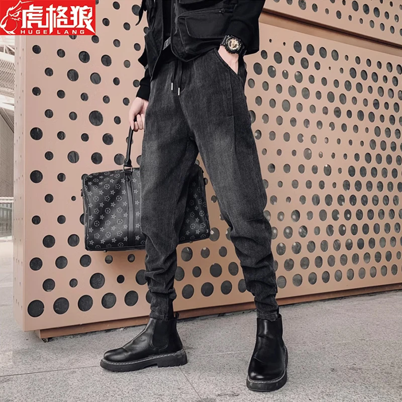 仿牛仔裤男士春秋季2025新款潮牌修身小脚九分男装休闲哈伦长裤子