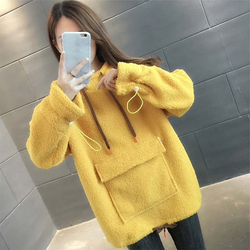 黄色连帽卫衣女宽松慵懒风加绒加厚中长款外套2025秋冬季新款上衣