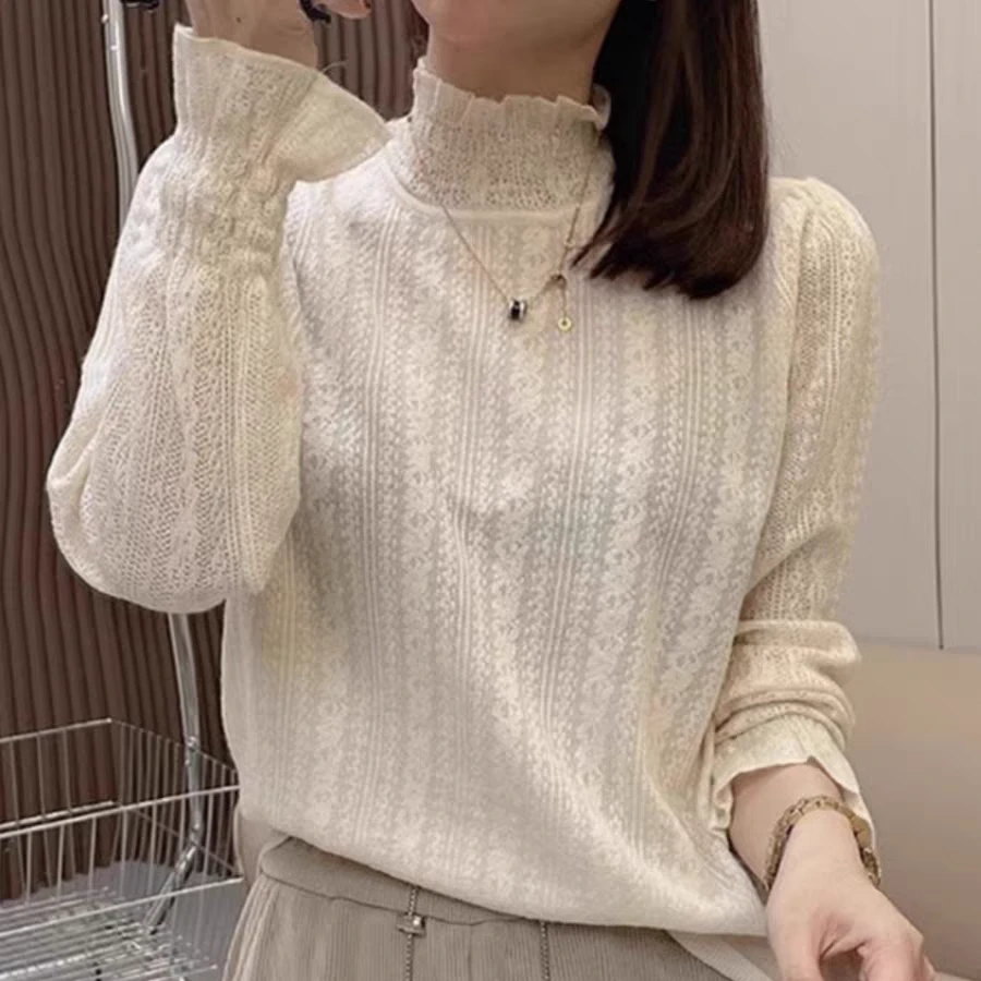 蕾丝欧根纱薄款打底衫女士针织上衣春秋新款显瘦韩版洋气套头毛衣