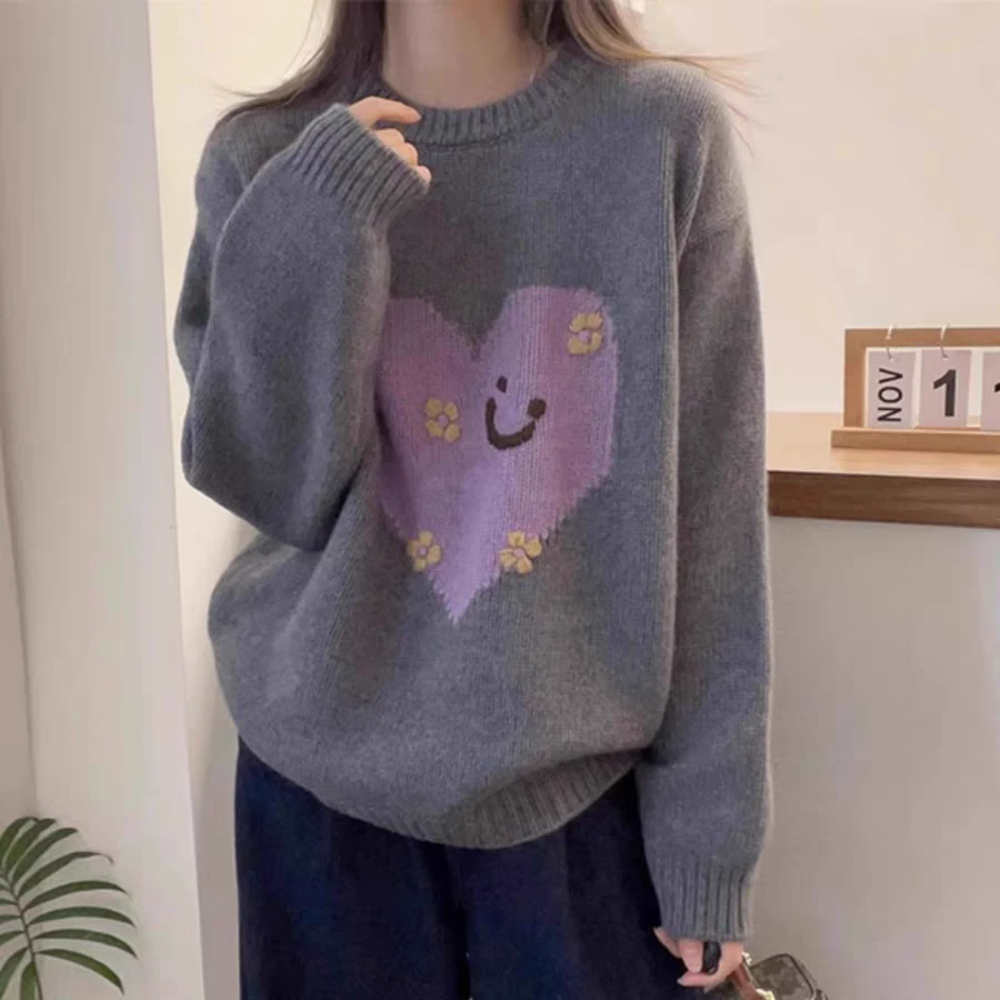 秋冬韩版减龄套头圆领女士毛衣宽松百搭针织加厚慵懒风长袖针织衫