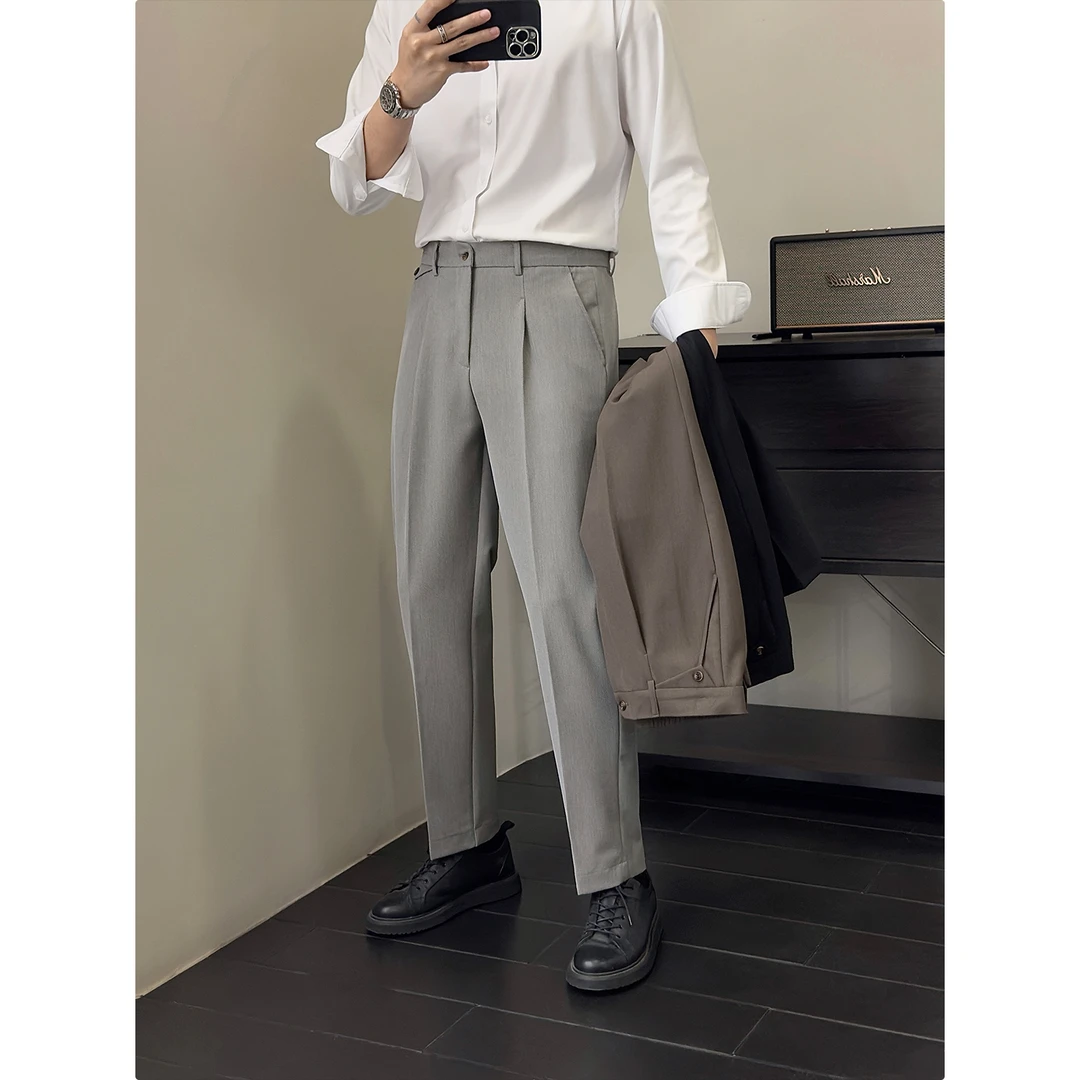 里奈男装 2024春季新款三色通勤小西裤男士百搭简约直筒休闲裤