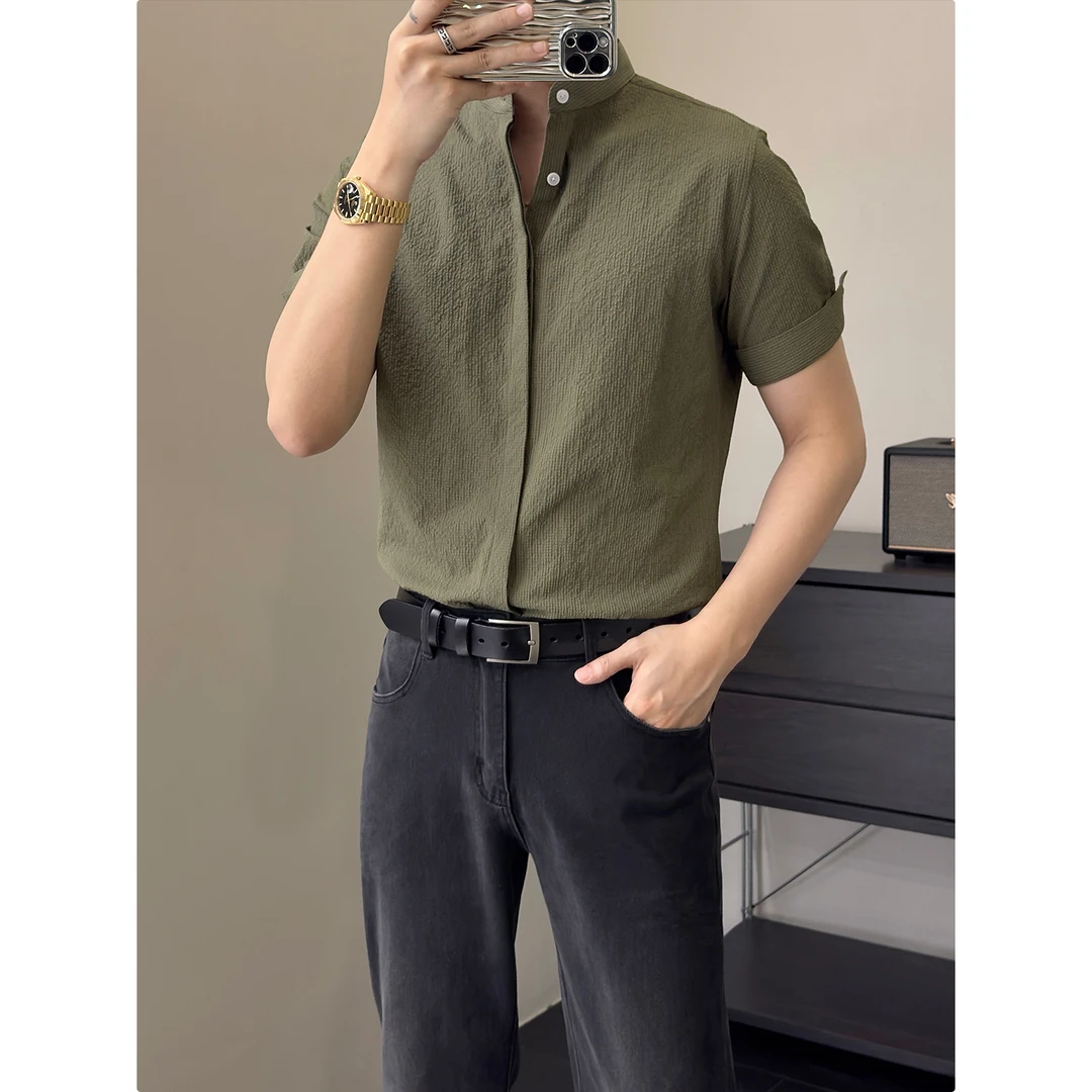 里奈男装夏季四色肌理感新中式立领中袖衬衫男垂感轻熟风短袖衬衣