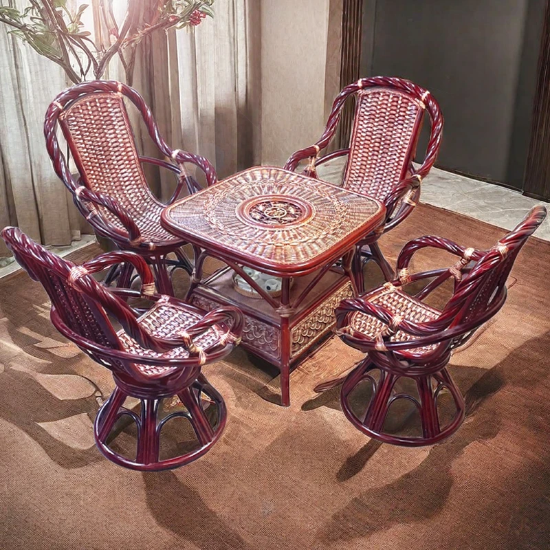 真藤椅高靠背旋转椅三五件套印尼藤编单人藤条椅阳台桌椅客厅家用