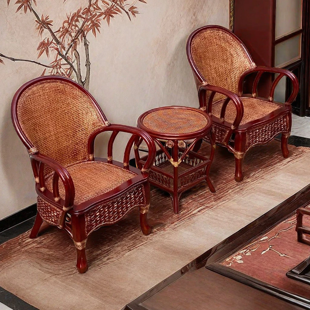 高靠背藤椅三五件套印尼真藤编织阳台桌椅客厅家用茶桌椅办公