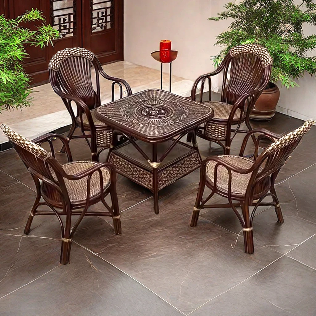 高靠背藤椅五件套休闲椅真藤护腰老人椅客厅阳台桌椅家用单人藤编