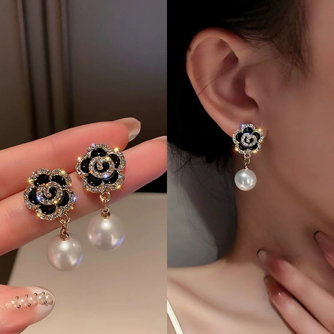 合金仿珍珠耳饰 E086黑色茶花耳钉法式精致耳环小香风气质轻奢ins