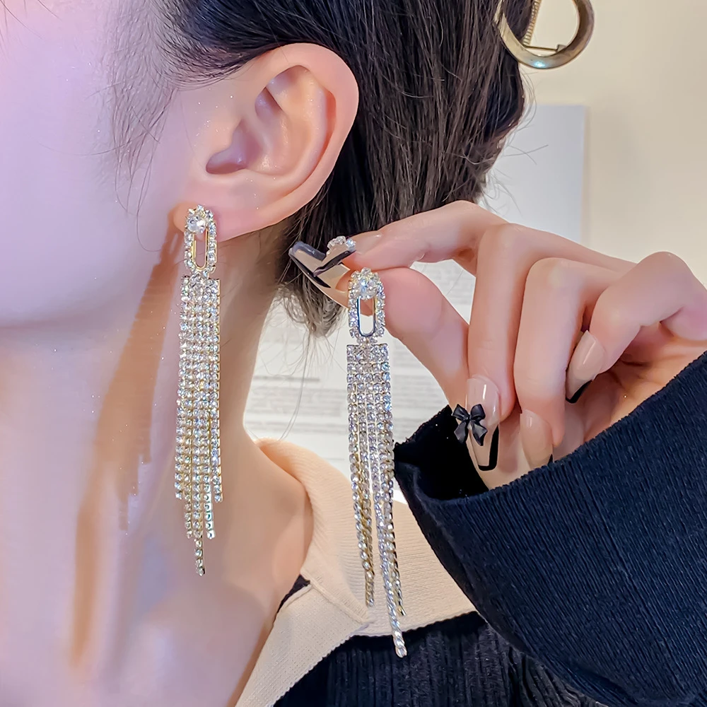 铜合金合成锆石耳饰 E169超闪长款流苏耳环气质轻奢时尚满钻耳钉