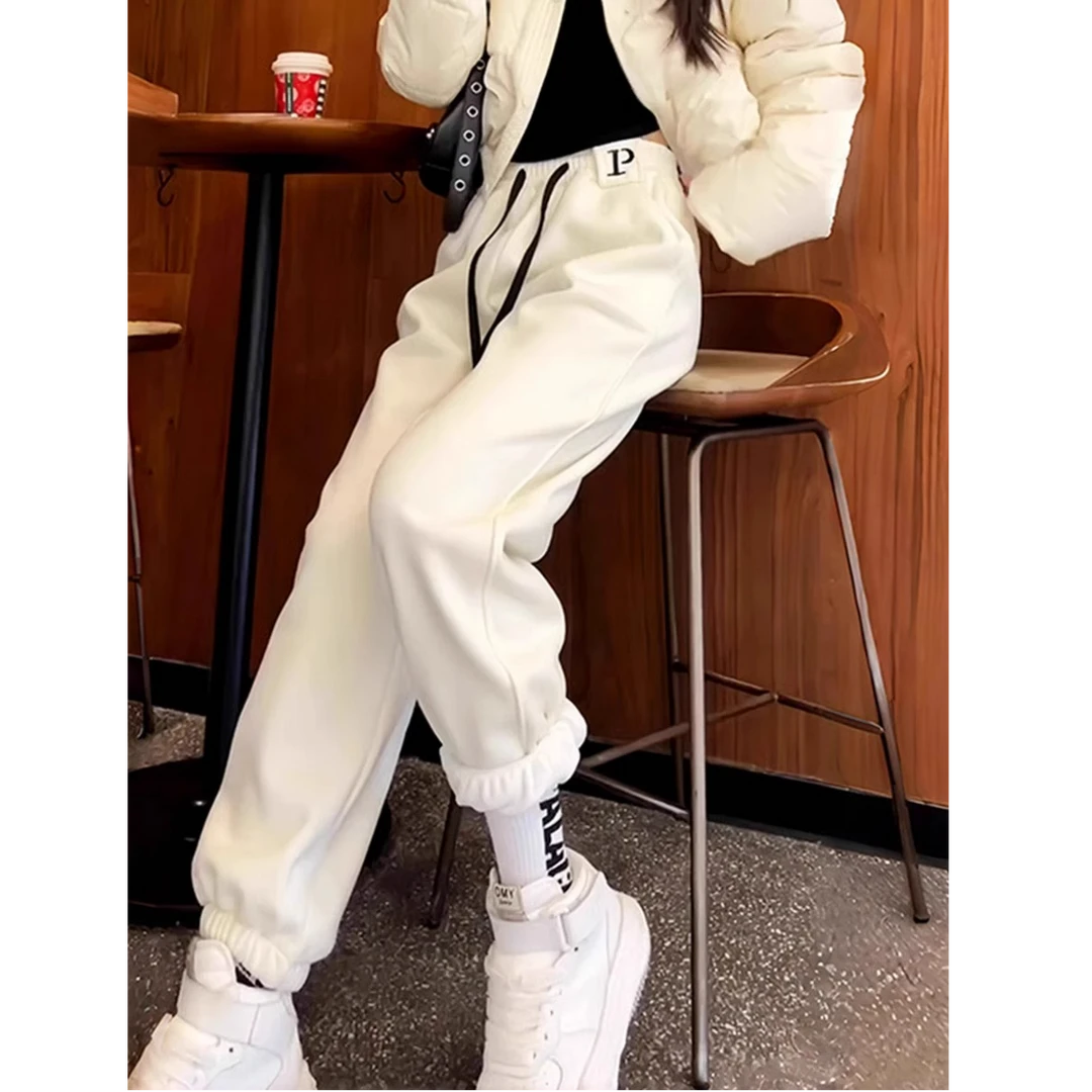 米白色宽松运动卫裤女春秋新款高质量韩版松紧腰束脚哈伦休闲裤子