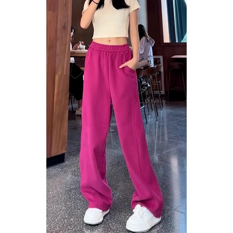 玫红色小个子宽松直筒阔腿运动香蕉休闲高级感卫裤女春秋2025新款