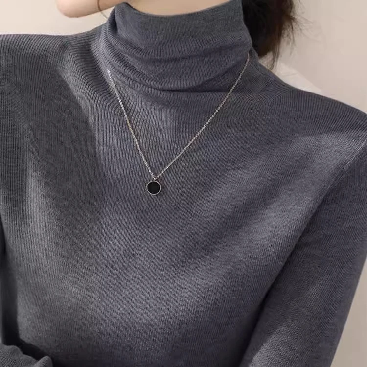 深灰色堆堆领时尚内搭针织打底衫女春秋新款搭配大衣高领长袖上衣