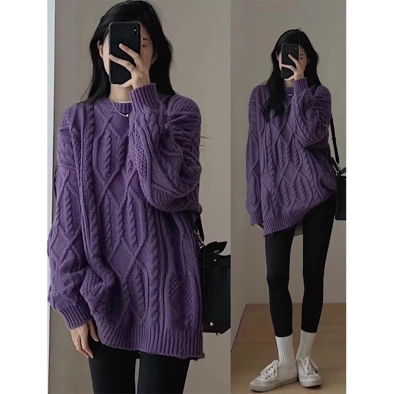 紫色麻花套头欧货大版毛衣女春秋2025新款中长款加厚慵懒针织衫潮