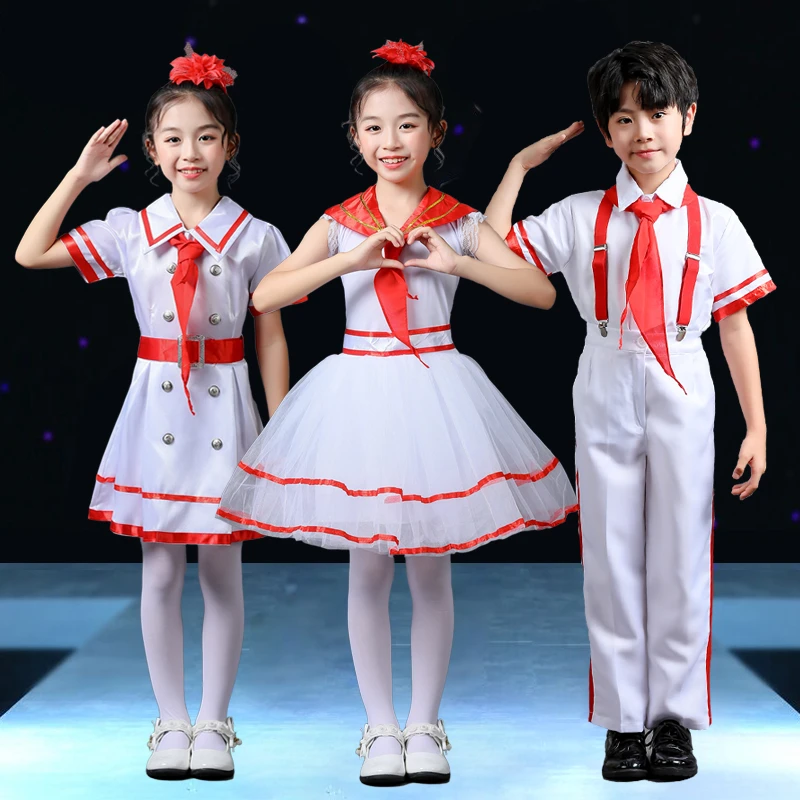 六一儿童合唱演出服白色蓬蓬裙女童舞蹈红色小学生背带裤朗诵男