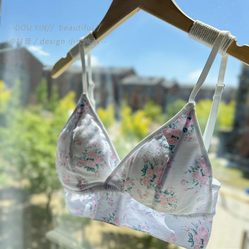 大露背美背内衣一字带文胸吊带薄款三角杯棉质小胸内衣女舒适轻薄