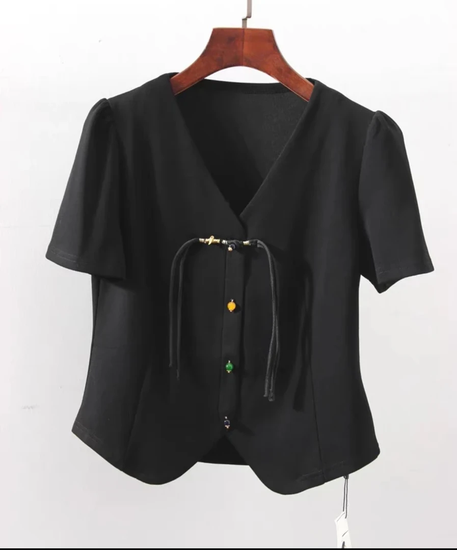 2024新款网红夏季时尚国风洋气流苏显瘦收腰短袖短款上衣小众衬衫