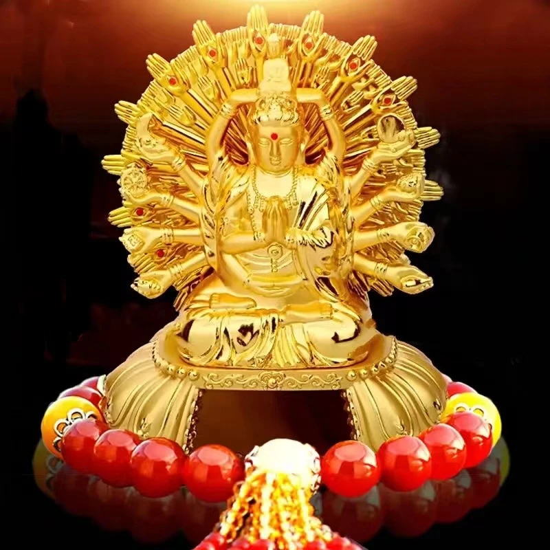 太阳能汽车摆件千手观音旋转车载摆件双面观音锌合金独立装饰用品