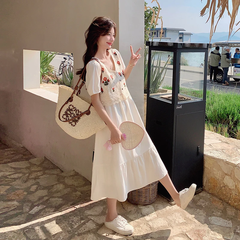 钩花拼接假两件连衣裙2025女夏季法式气质甜美减龄遮肉显瘦茶歇裙