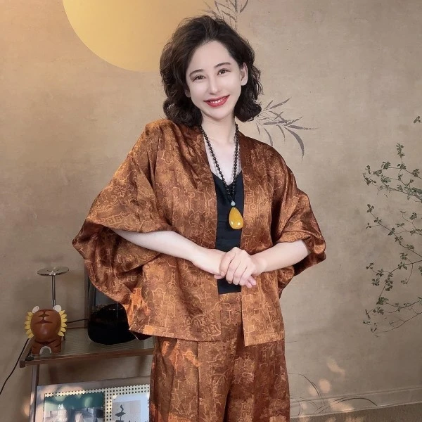 清平乐百分百香云纱印花罗马假日开衫蝙蝠衫落肩袖B761