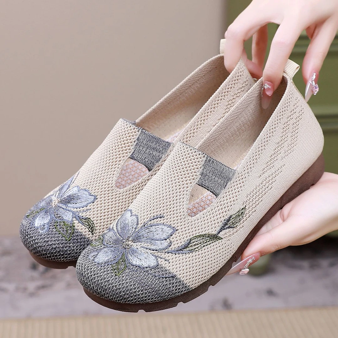 老布鞋女单鞋新款绣花鞋镂空透气妈妈鞋软底防滑老人鞋