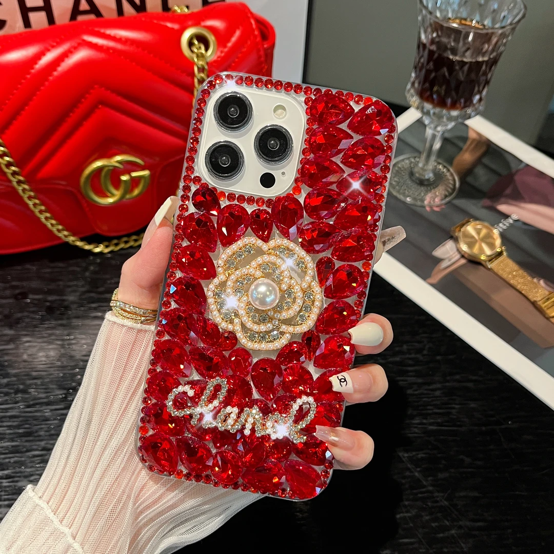 适用苹果/华为/vivo/OPPO奢华字母珍珠山茶花款全包防摔手机壳