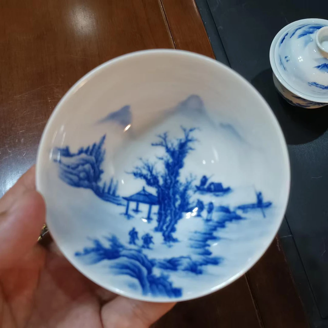 青花山水手工陶瓷釉下内绘主人杯