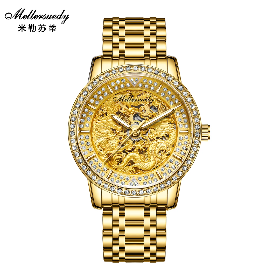 浮雕龙自动机械镂空真钻钢带男表防水经典男款腕表  -tz