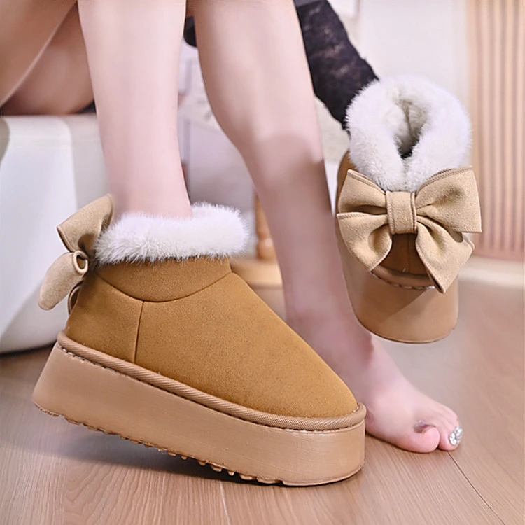 2024新款短筒棉靴网红蝴蝶结毛毛雪地靴女冬加绒加厚保暖棉鞋学生