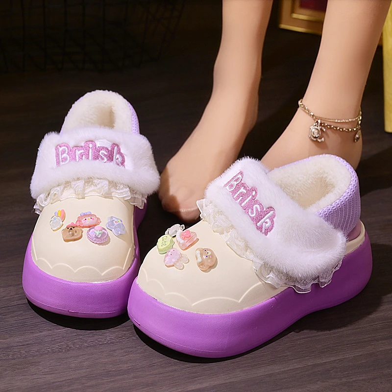 新款保暖可爱棉拖鞋女冬季室内家居厚底防滑防水加绒包跟棉鞋冬