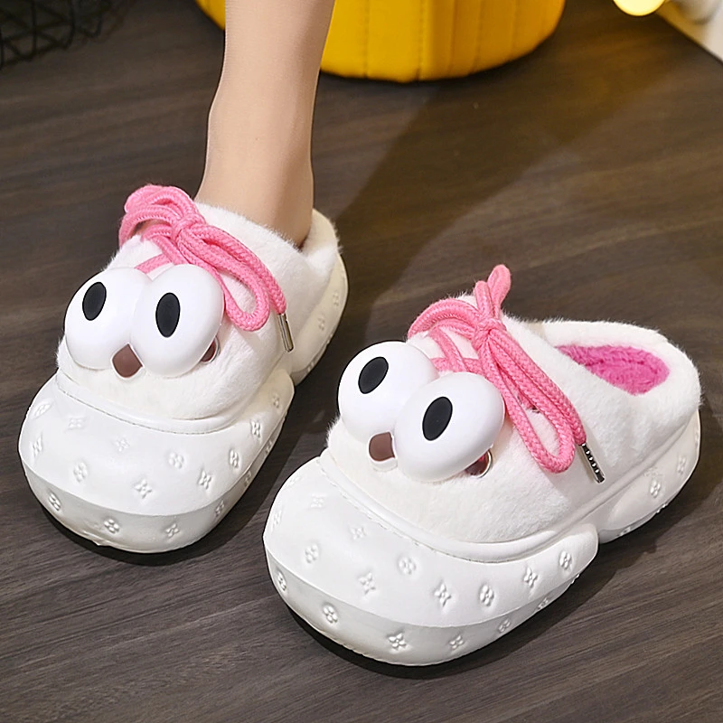 可爱大眼睛松糕厚底毛毛拖女2023秋冬新款室内居家保暖防滑棉拖鞋