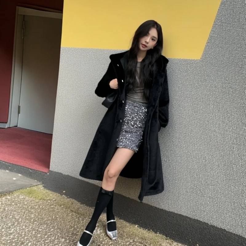 环保皮草仿水貂绒长款宽松加厚时尚欧貂皮毛一体皮草外套大衣女