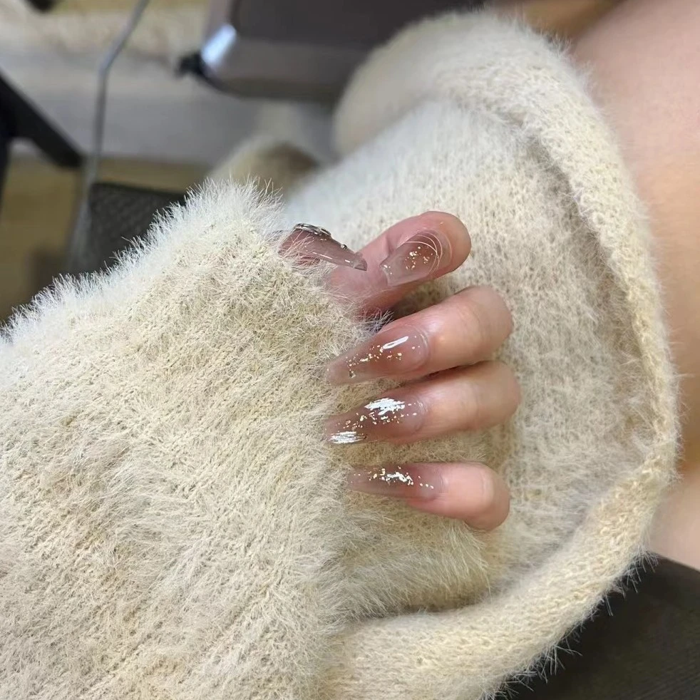 晕染腮咖秋冬中长款穿戴甲细闪显白高级气质穿戴式手工美甲可拆卸