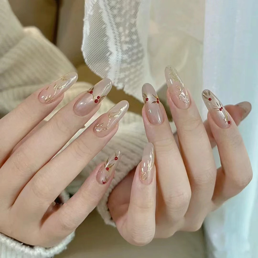 国风红豆纯欲裸色冰透猫眼秋冬美甲穿戴式中长款手工穿戴甲卸甲片