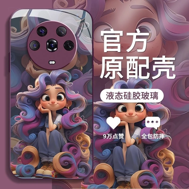 适用卷发女孩荣耀Magic5手机壳女4Pro玻璃Magic3高级全包保护套