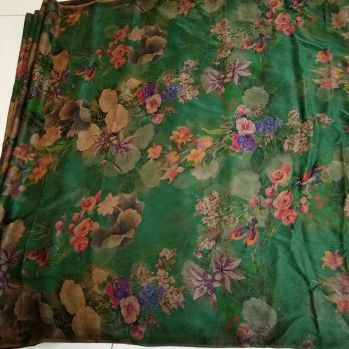 高定服装零剪布料面料 桑蚕丝精品香云纱 珍珠缎特惠绿色田园花鸟