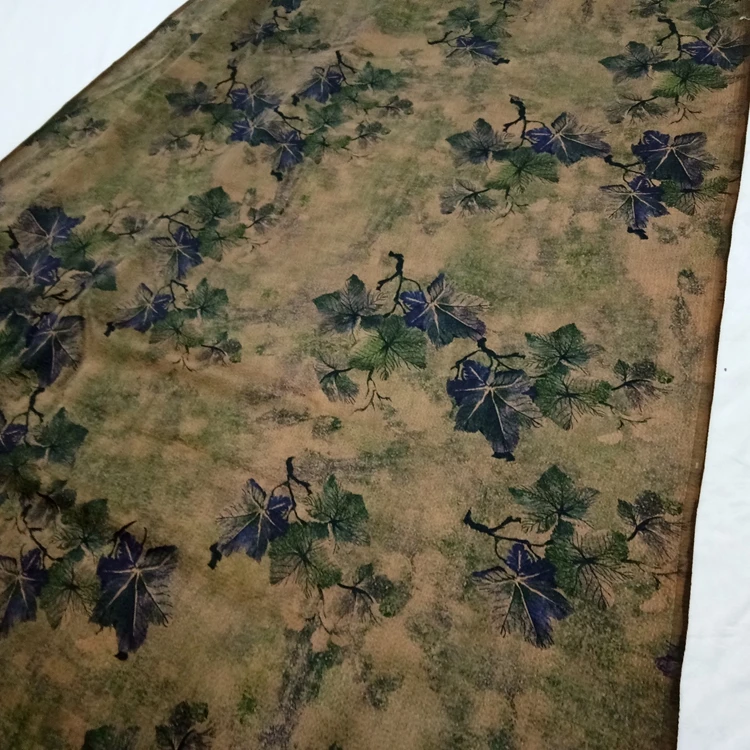 精品珍珠缎香云纱100%桑蚕丝凉爽透气亲肤面料水墨米绿底束叶特惠