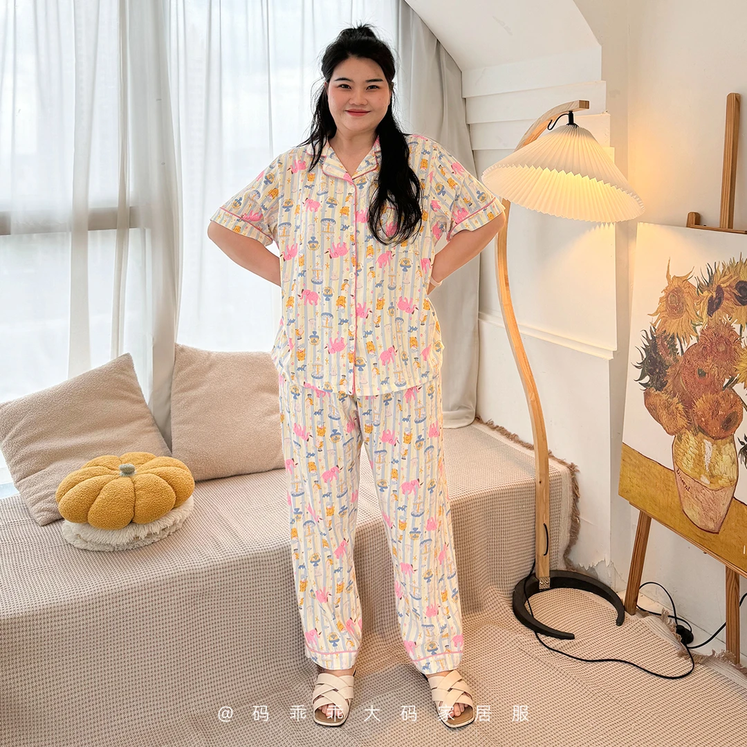 【码乖乖】【云朵大象三件套】大码胖mm夏季薄款宽松印花家居服3202