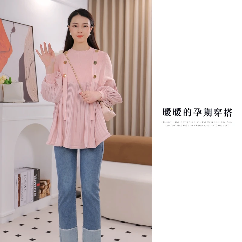 【暖暖家】孕妇秋季新款韩版百搭宽松针织上衣+直筒托腹牛仔裤