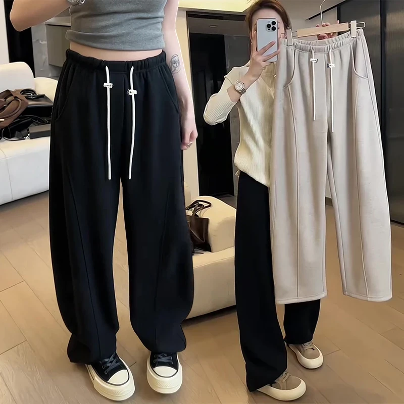 生完也能穿的孕妇裤子2024秋冬大码抽绳弯刀裤人字纹阔腿拖地裤子