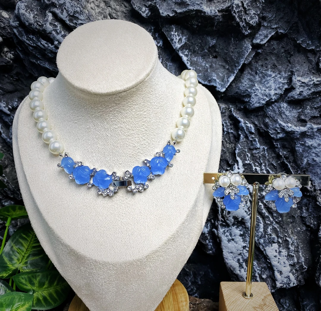 铜合金项链 中古手工法式轻奢古典时尚新款蓝果珠项链套装11327