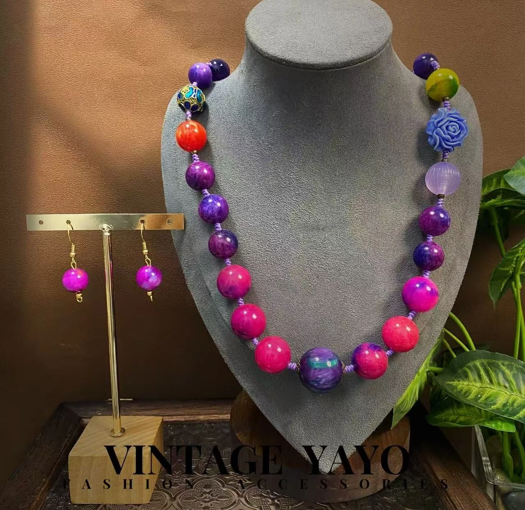 铜合金琉璃项链 中古手工复古轻奢百搭时尚多彩项链套装11826