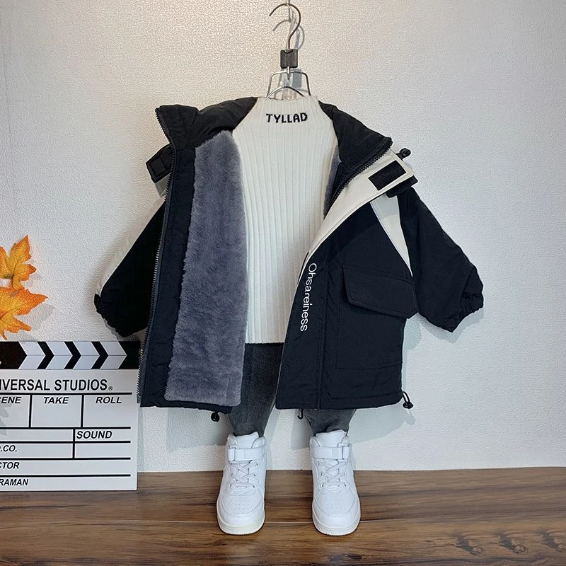男童加绒派克服外套2022秋冬厚款洋气儿童加厚上衣宝宝韩版棉衣潮